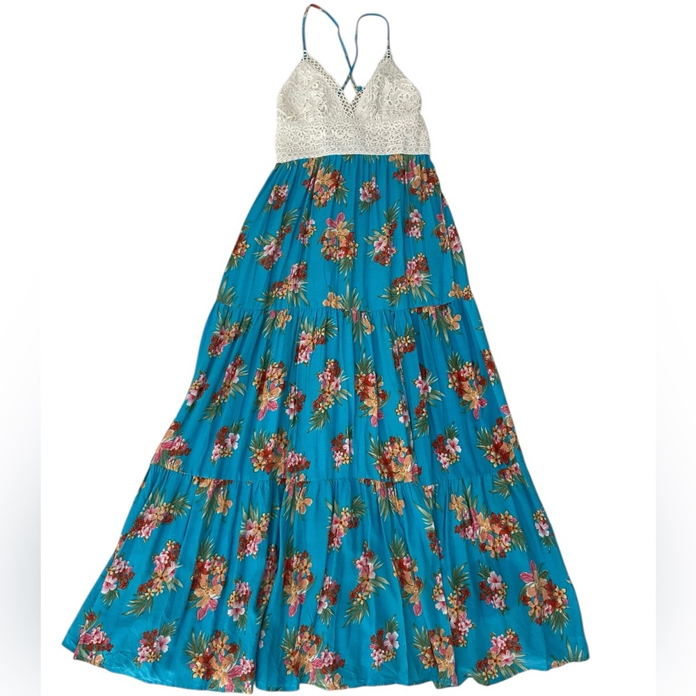 Backless maxi dress with crochet top, tropical flowers and side slit. Size M.